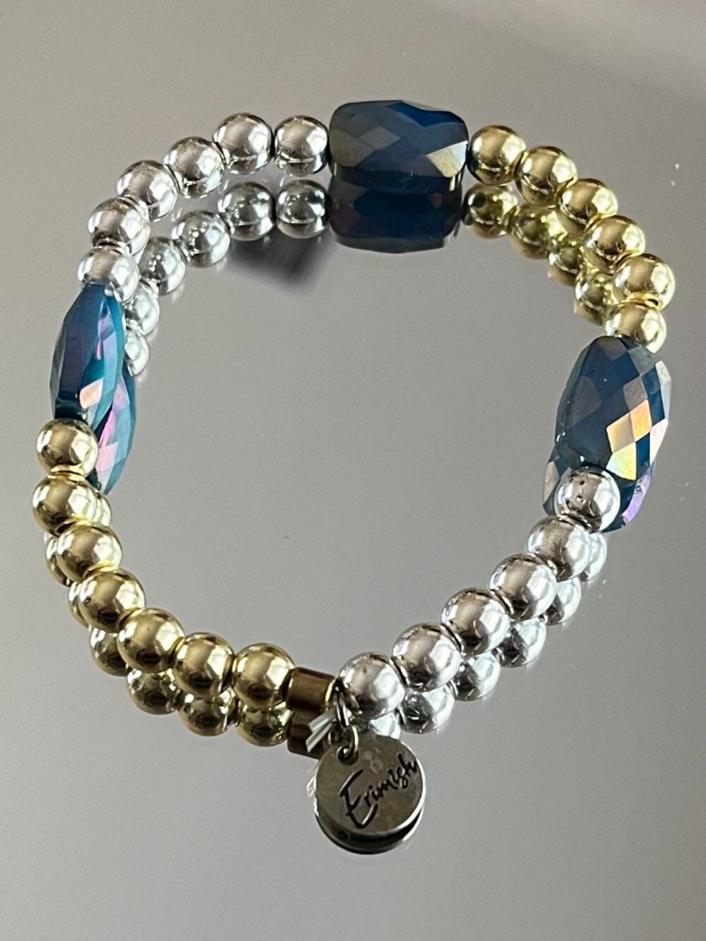 Erimish Gold & Blue Faceted Crystals Beaded Bracelet Logo Tag Stackable Stretch
